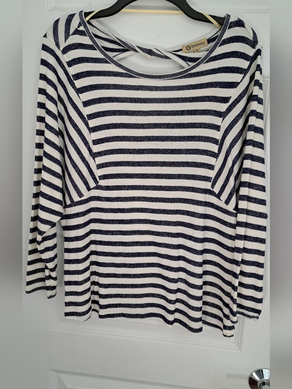 Democracy Striped Long-Sleeve Boatneck Top in Navy and White